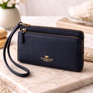 Coach Midnight Pebbled Leather Double-Zip Wristlet | Gold Hardware NWT $198 MSRP